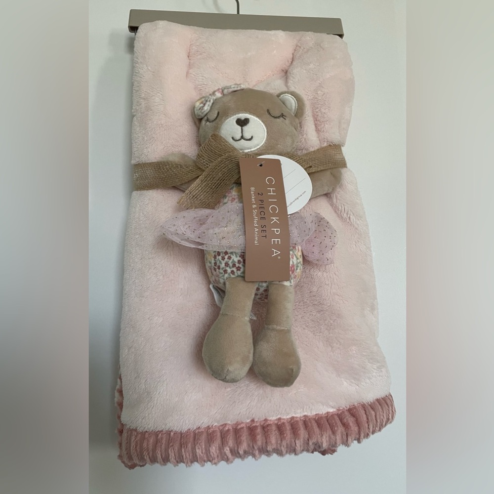 NEW Baby Blanket With Bear Plush Toy 2 Piece Set 30x36 Chick Pea Baby Girl Gift